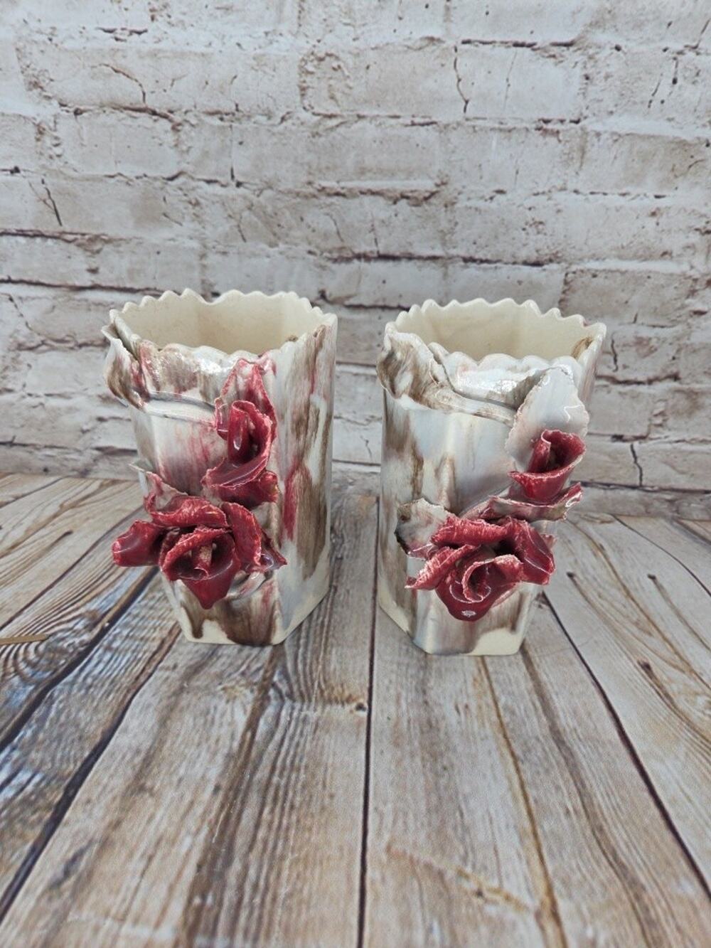 2 Vintage CAPODIMONTE Porcelain Vasea Large Red Roses Hand Painted Crazing